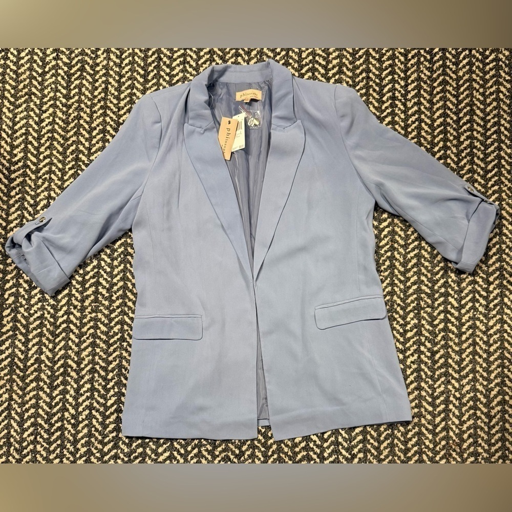 PHILOSOPHY Rolled Sleeve Open Blazer in Light Blue Size Large